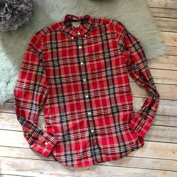 J. Crew Factory Mens Shirt S Red Navy Plaid Slim Green Yellow‎ Preppy Fit Button - Picture 4 of 6